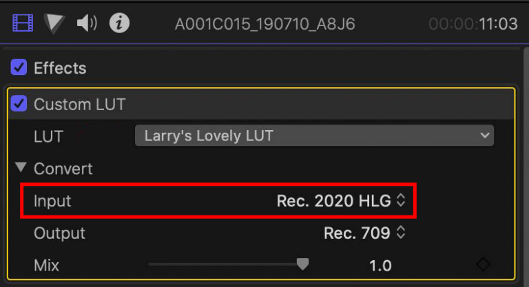 choose input to apply custom lut effects