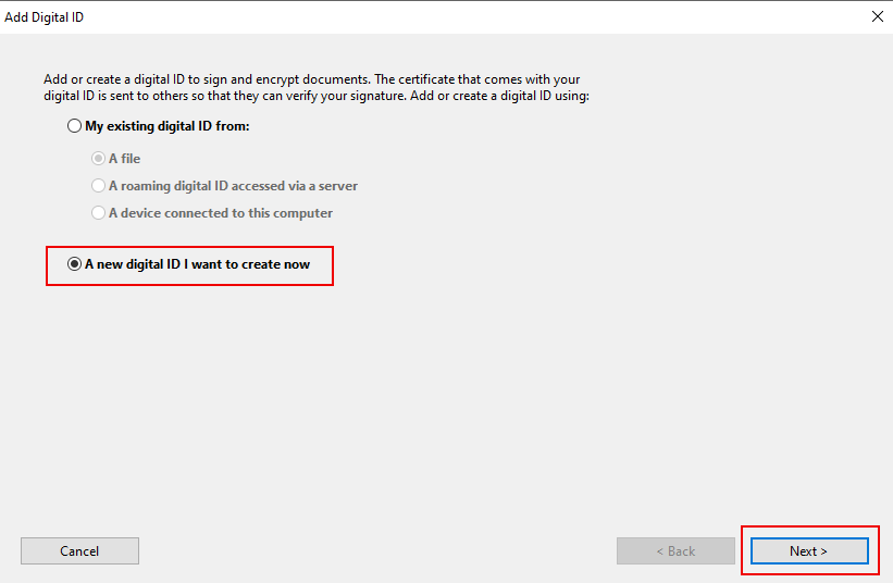 اختر معرفًا رقميًا جديدًا لإضافة توقيع إلى ملف pdf بـ adobe acrobatpro