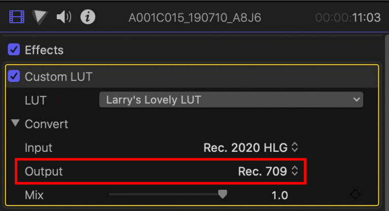 choose output to apply custom lut effects