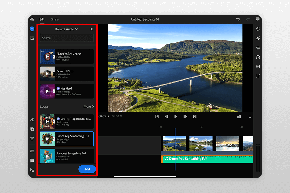 اختر ملفك الصوتي في Adobe Rush