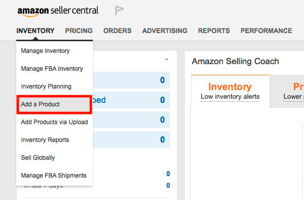 click add a product to upload product photos for amazon