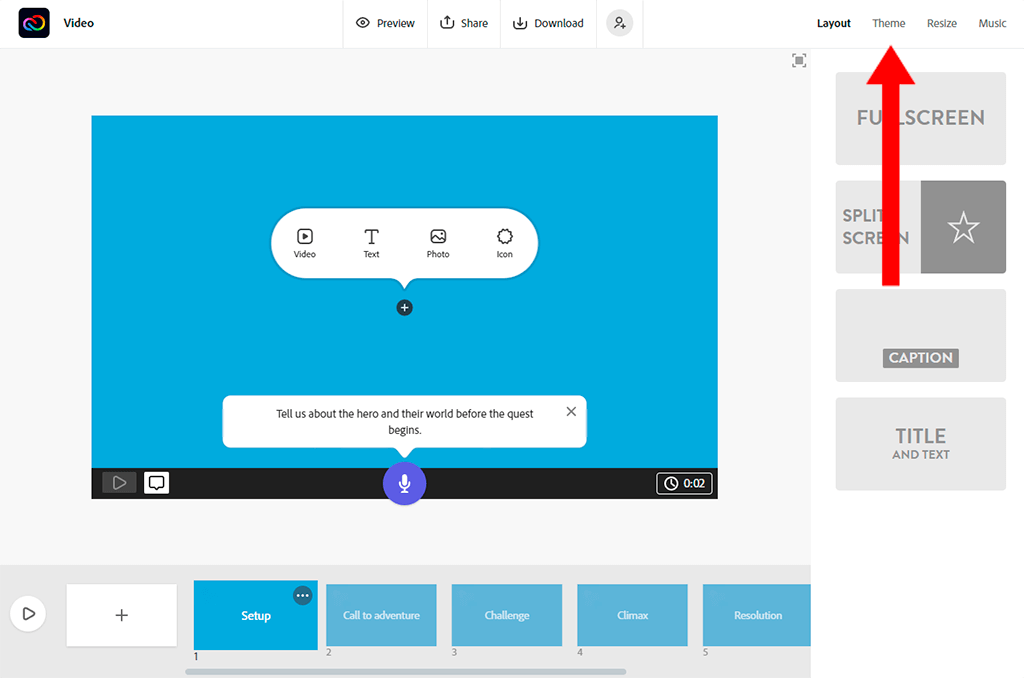 click theme to create video in adobe cc express