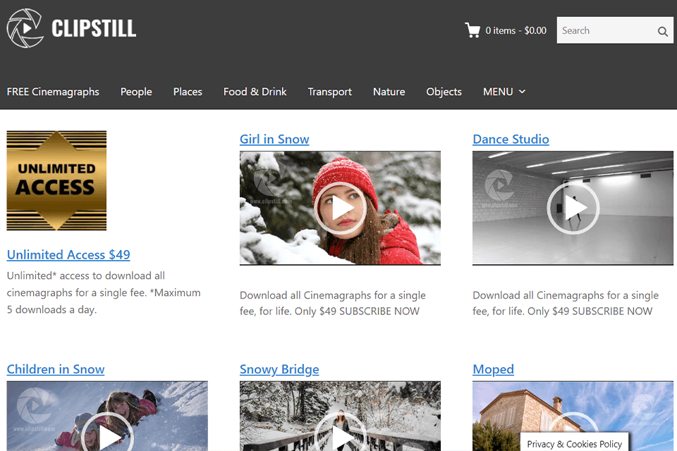 clipstill stock video site interface