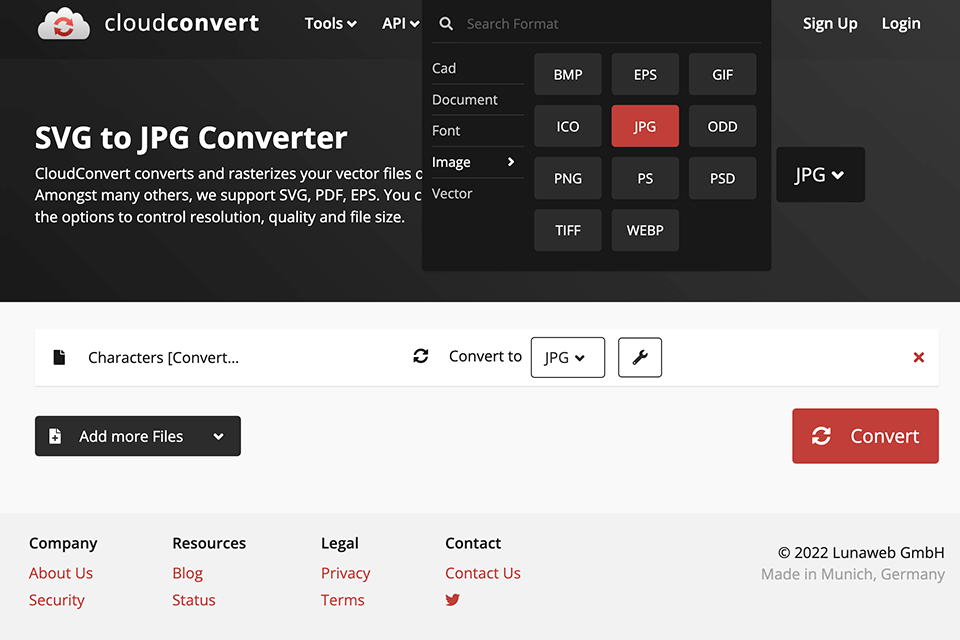 cloudconvert svg to jpg converter interface