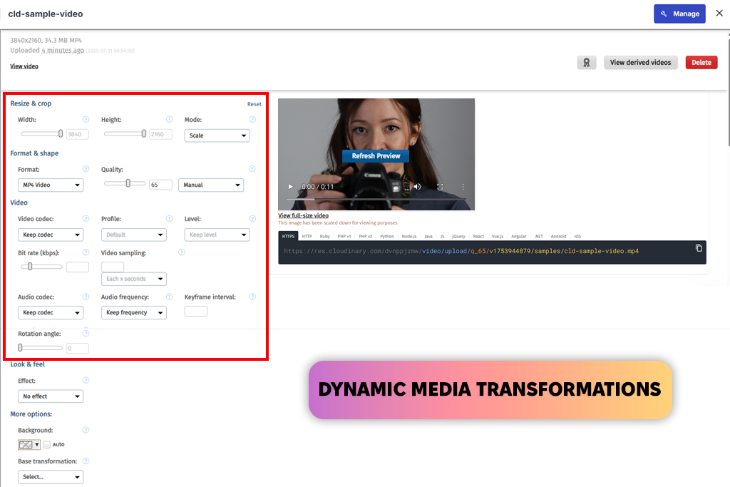 cloudinary video compressor interface
