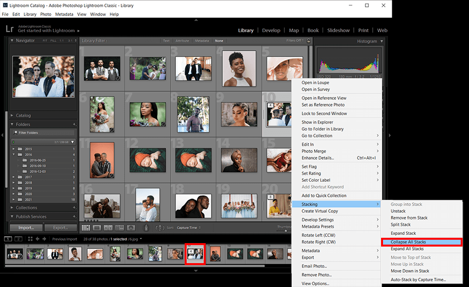 collapse stacking images in lightroom