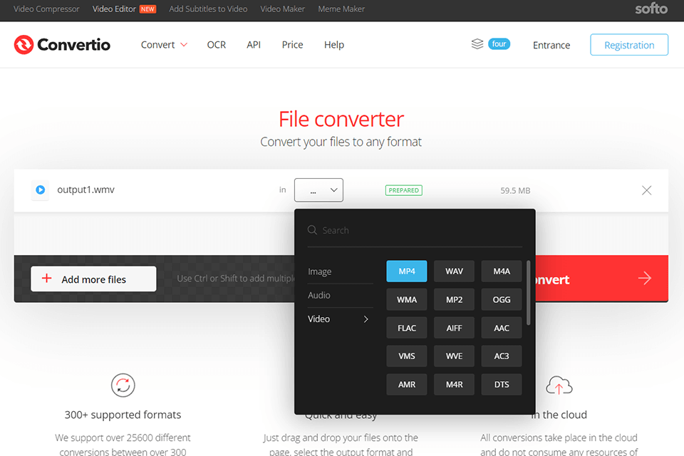 convertio free wmv to mp4 converter interface