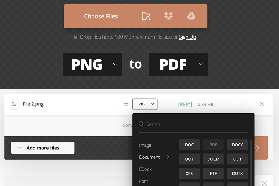 convertio png to pdf converter interface