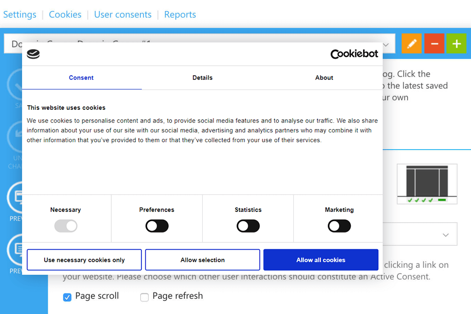 cookiebot privacy management software interface
