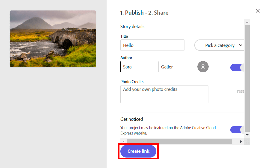 create link to create web pages in adobe cc express