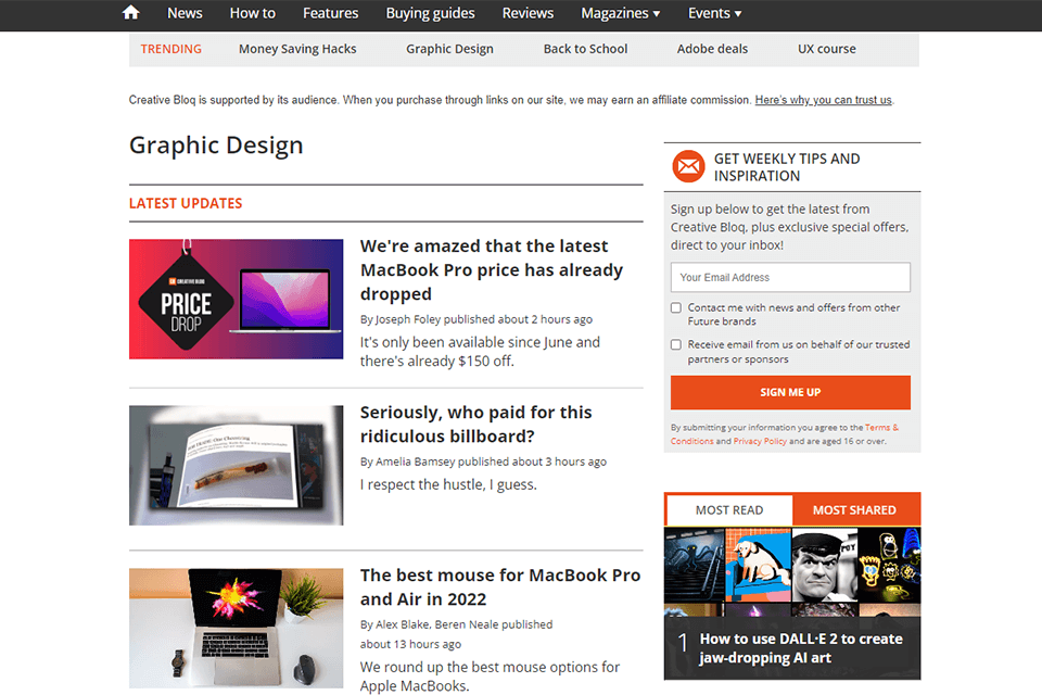 creative bloq واجهة مدونة بتصميم رسومي