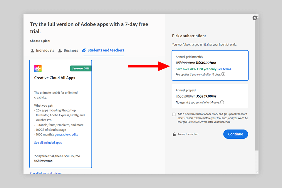 creative cloud all apps for students and teachers plan order