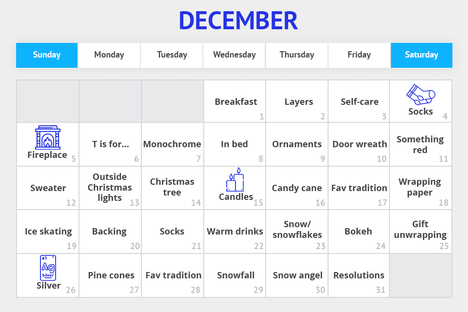 december 365 photo challenge calendar