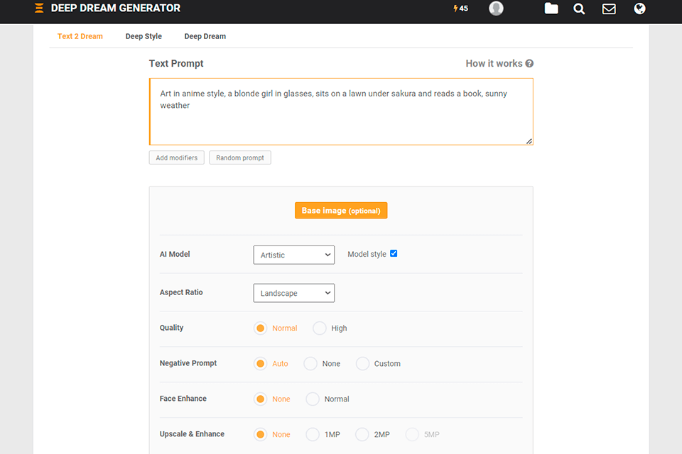 deepdream ai anime generator interface