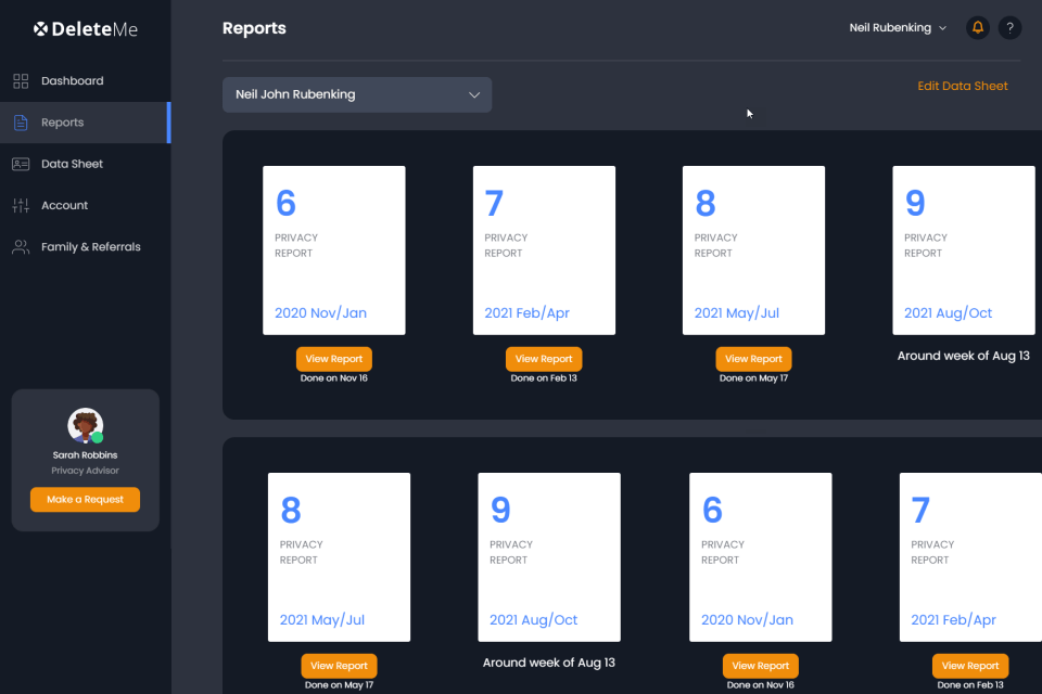 deleteme privacy management software interface