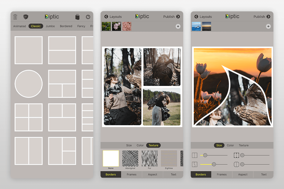 diptych photo template app interface