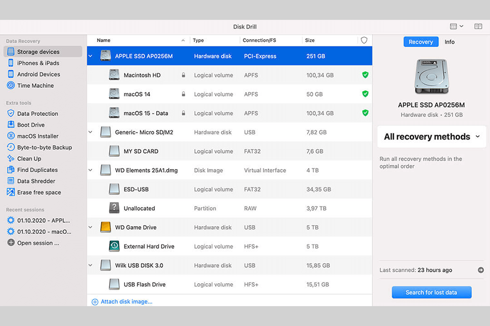 disk drill free partition recovery software interface