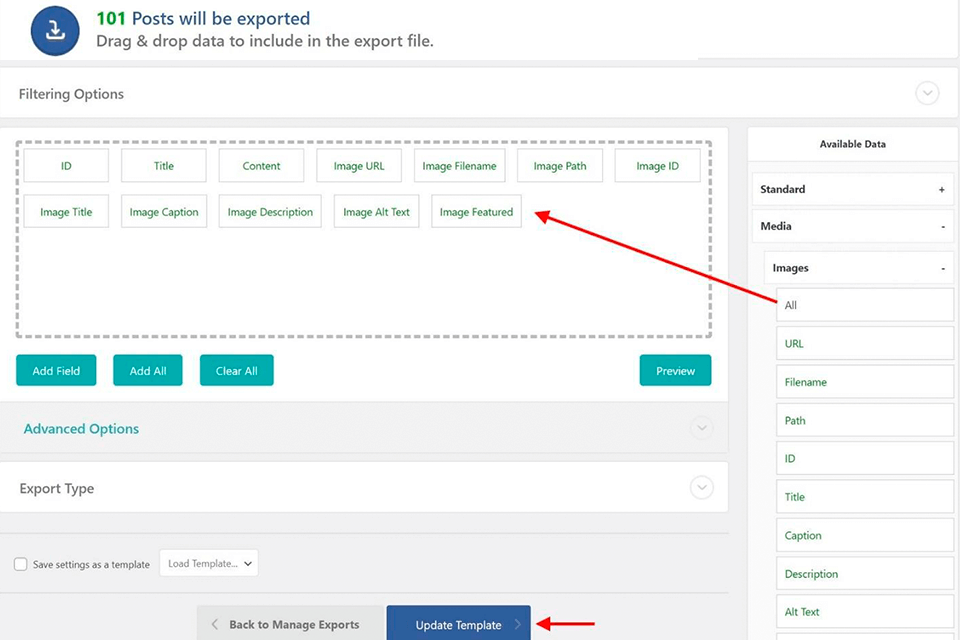 drag and drop to export images in wordpress
