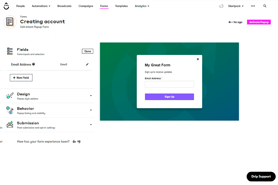 drip واجهة برنامج الرسائل الإخبارية