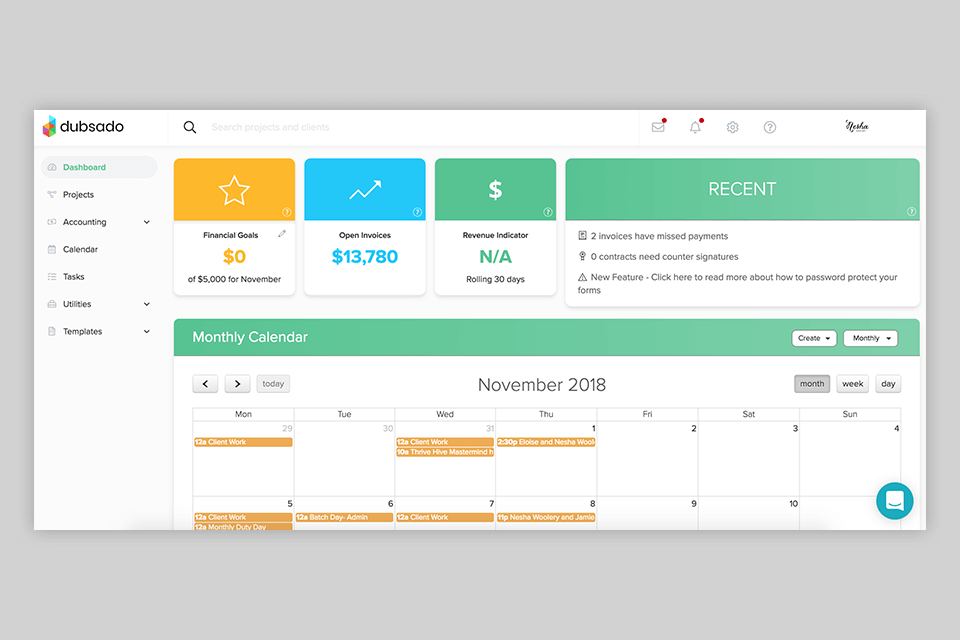 dubsado delivery management software dashboard