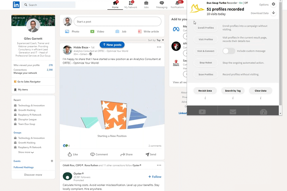 dux-soup linkedin automation tool interface