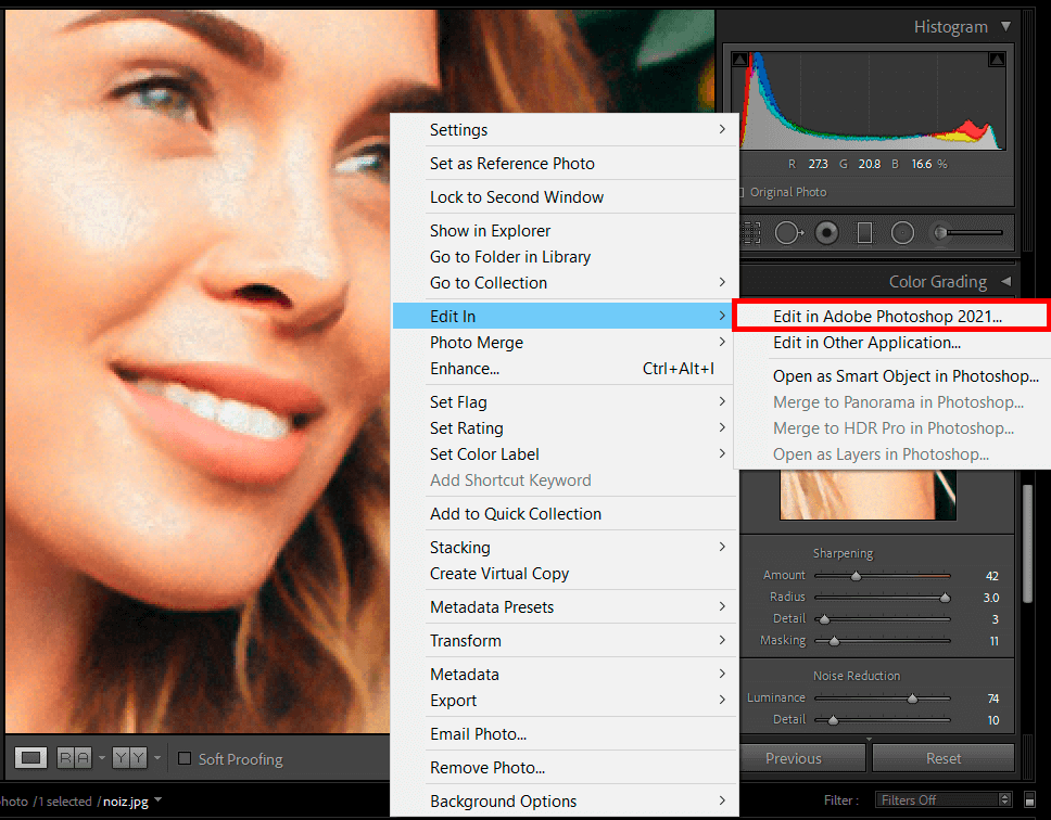 تحسين النتيجة في الفوتوشوب لإزالة الضوضاء في lightroom