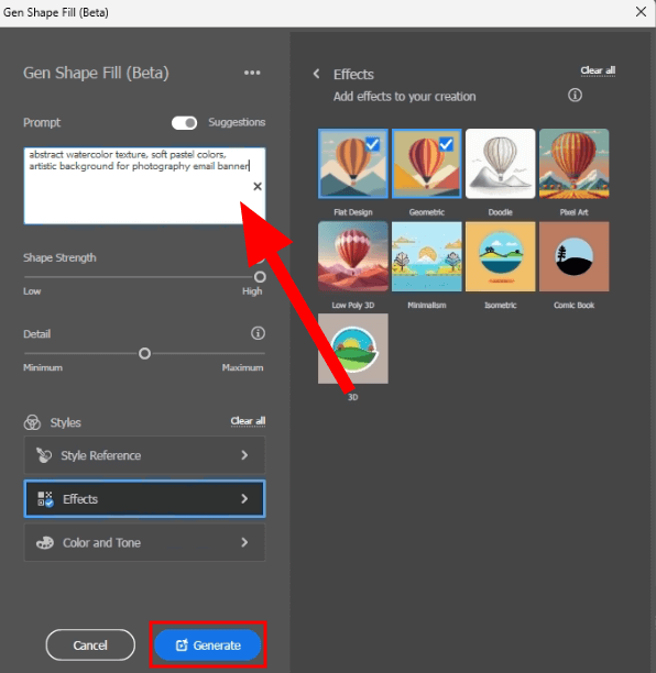 entering prompt in generative fill in illustrator