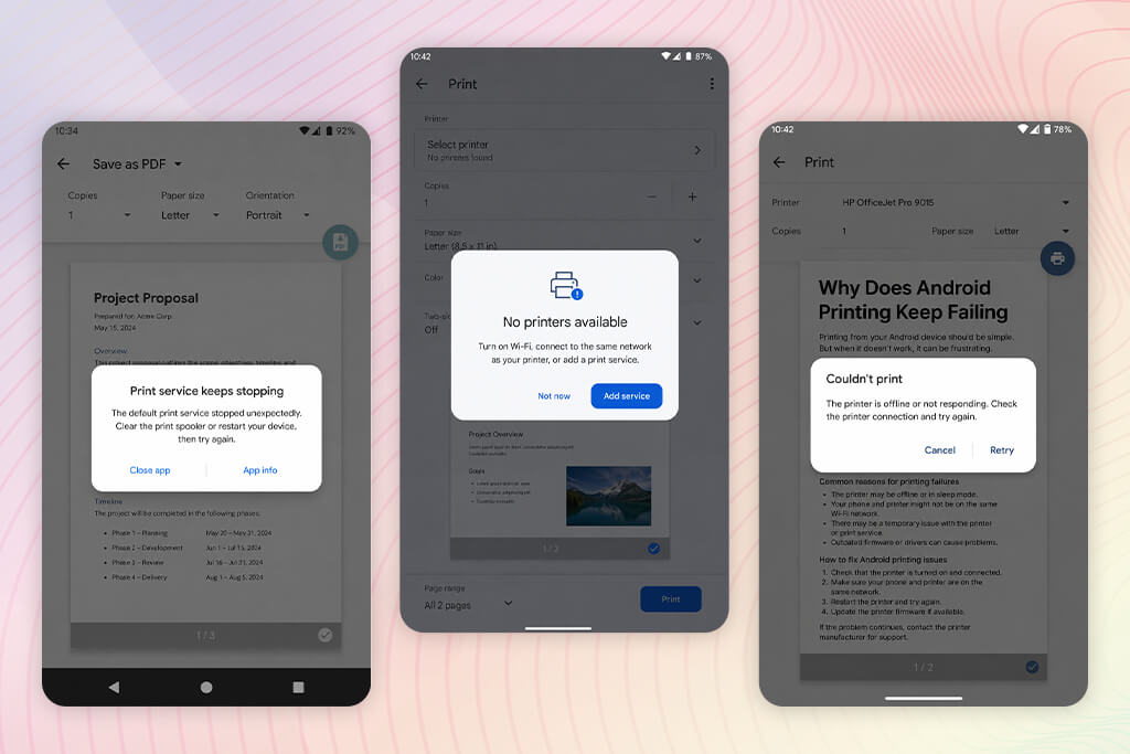 errors within android printing apps