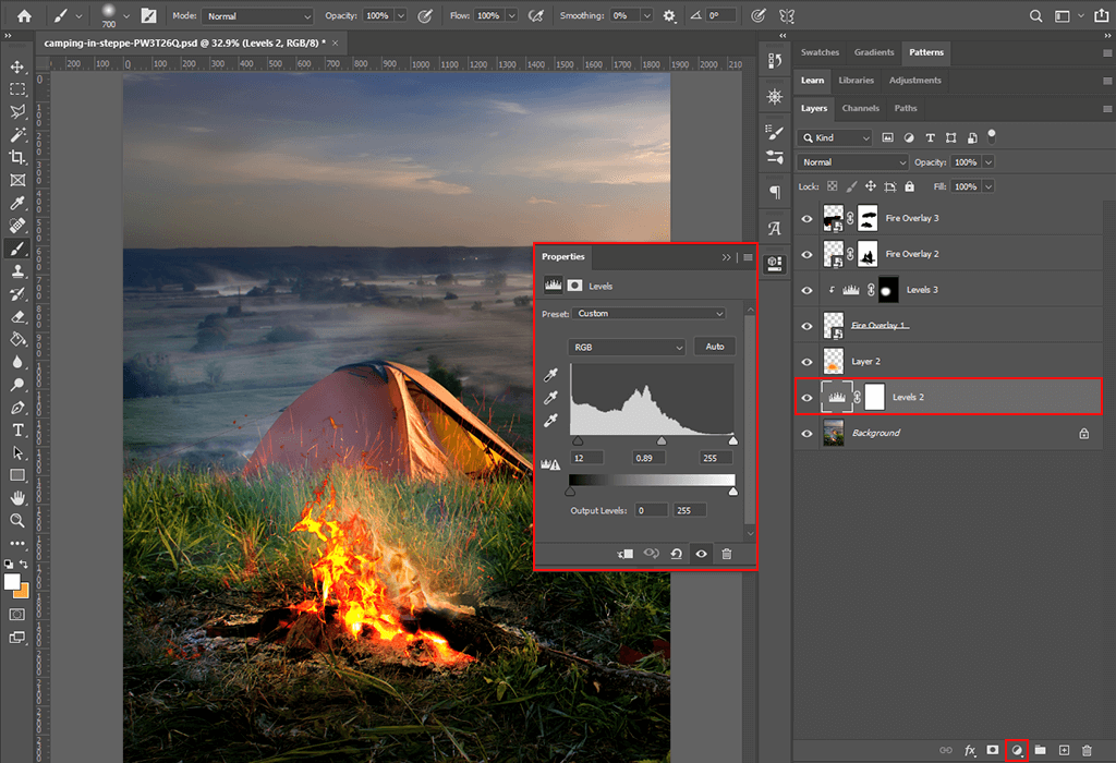 experiment with the settings with overlays to make fire in photoshop