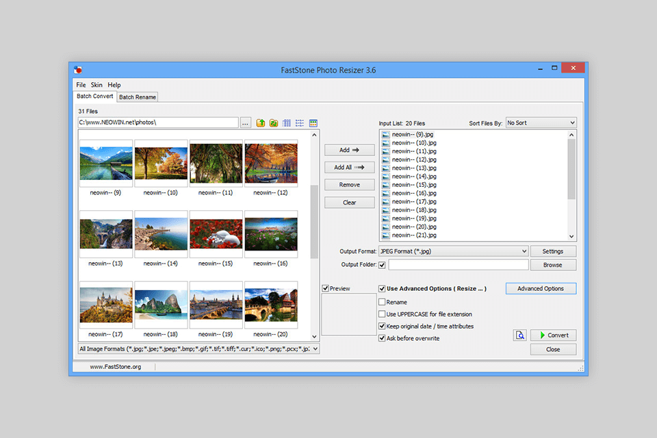 faststone photo resizer batch photo editor interface
