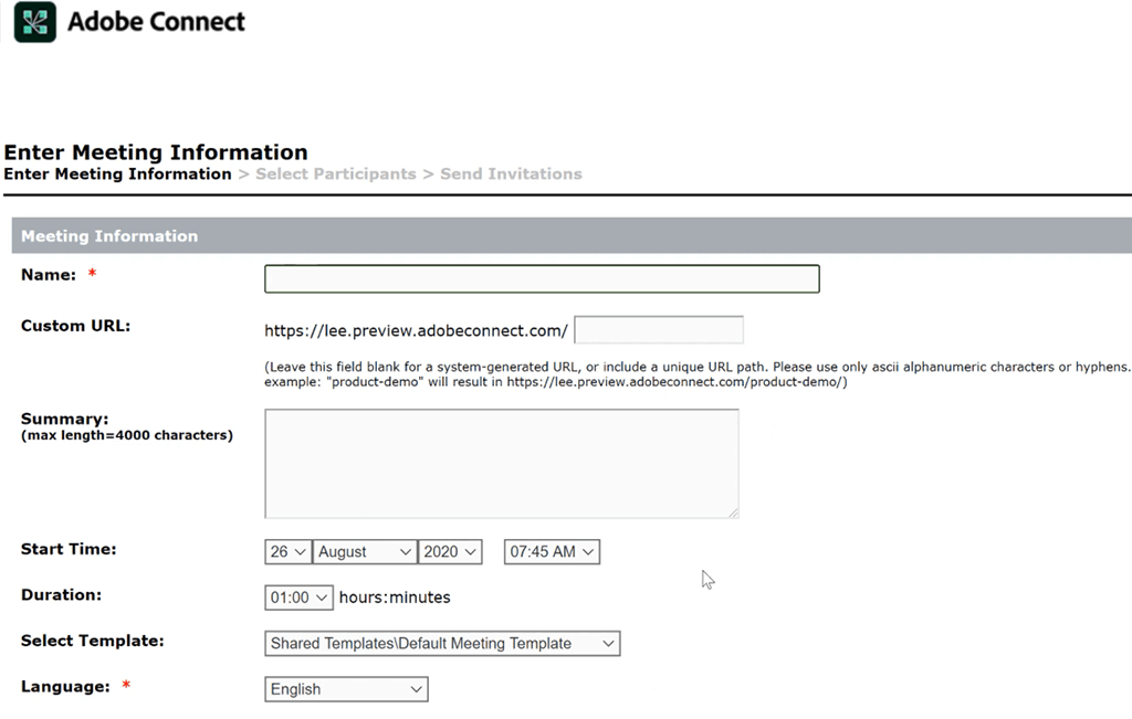 filling out info about new meeting in adobe connect