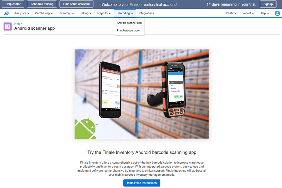 finale inventory barcoding software interface