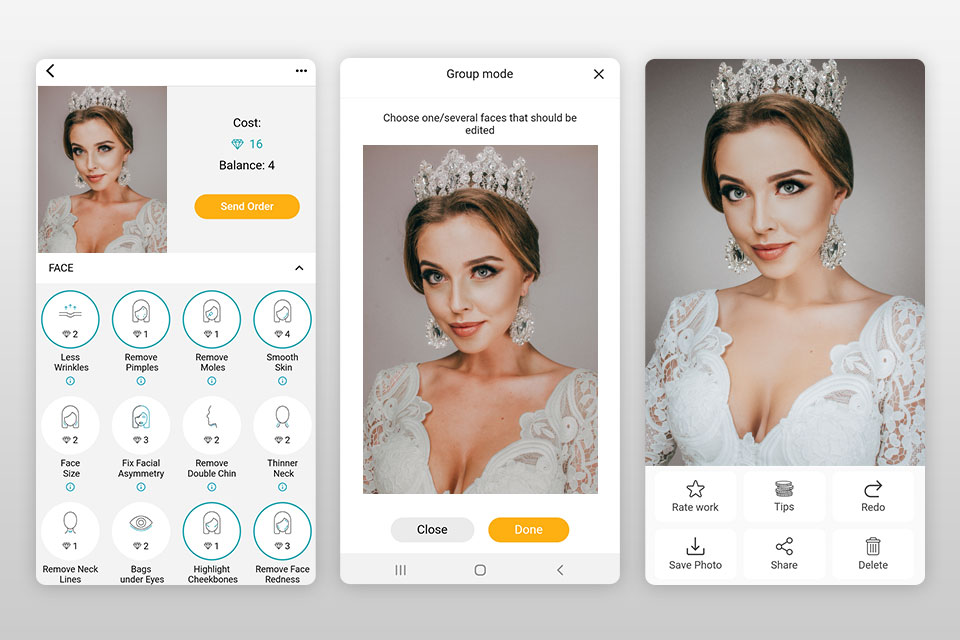 fix the photo editor and retouch wedding photographer app interface