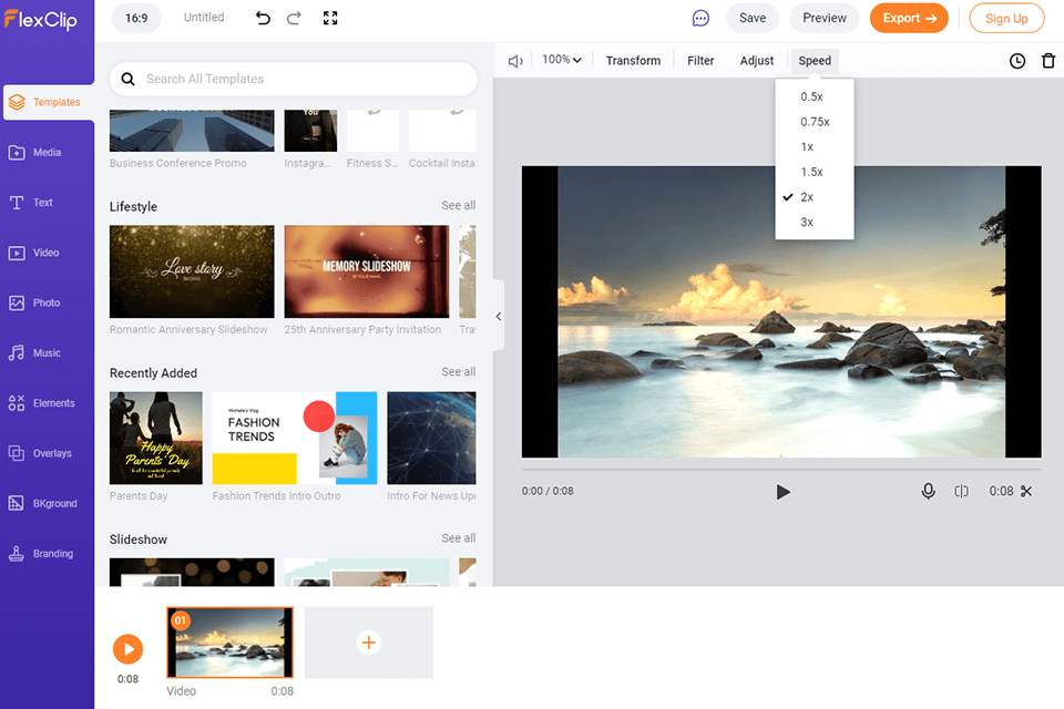 flexclip واجهة مغير سرعة الفيديو عبر الإنترنت