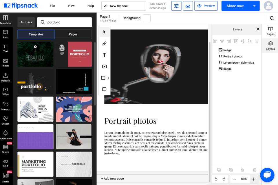 flipsnack portfolio website builder interface