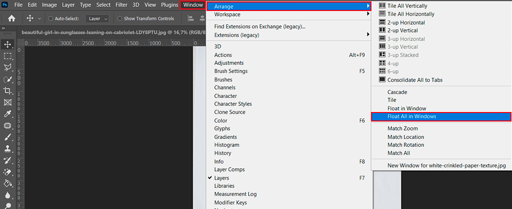 float all in windows to move image in photoshop