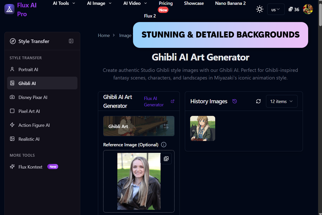 flux ai pro ghibli ai generator interface