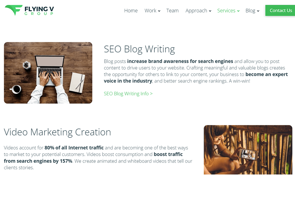 flying v group content marketing agency interface