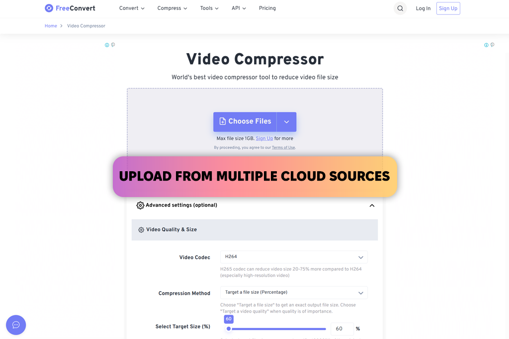 freeconvert video compressor interface