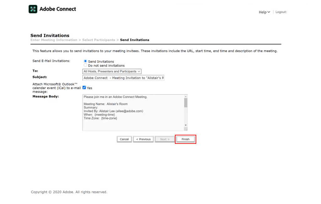 getting link to meeting in adobe connect