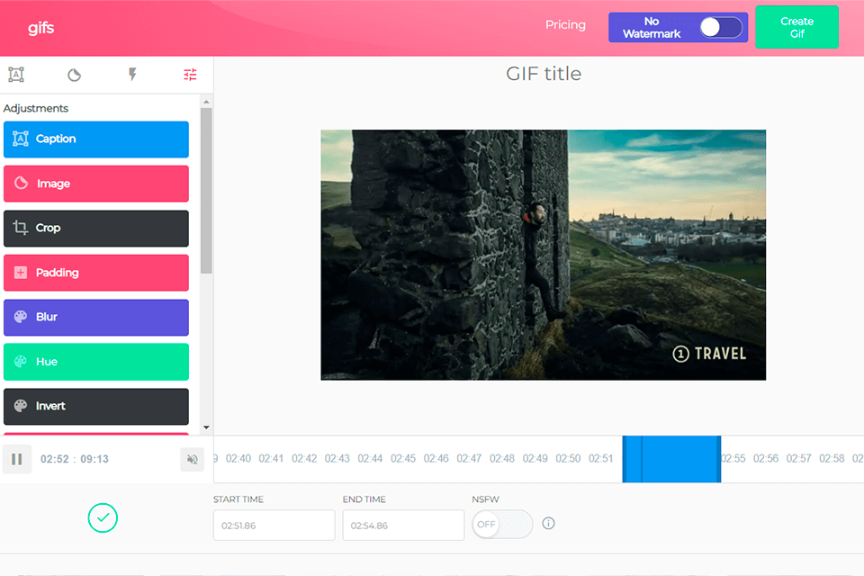 gifs youtube to gif maker interface
