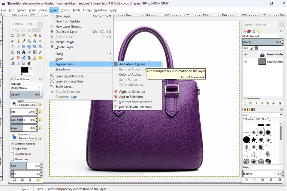 gimp transparent background adding alpha channel