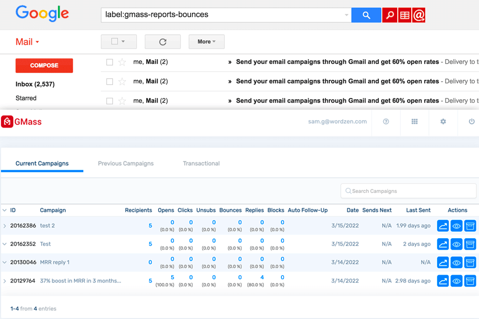 gmass cold email software interface