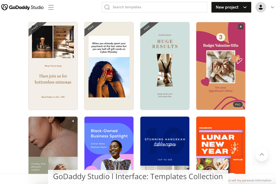 godaddy studio interface templates collection