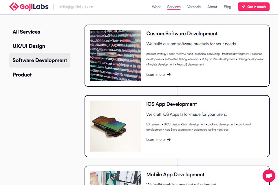 goji labs software development company interface