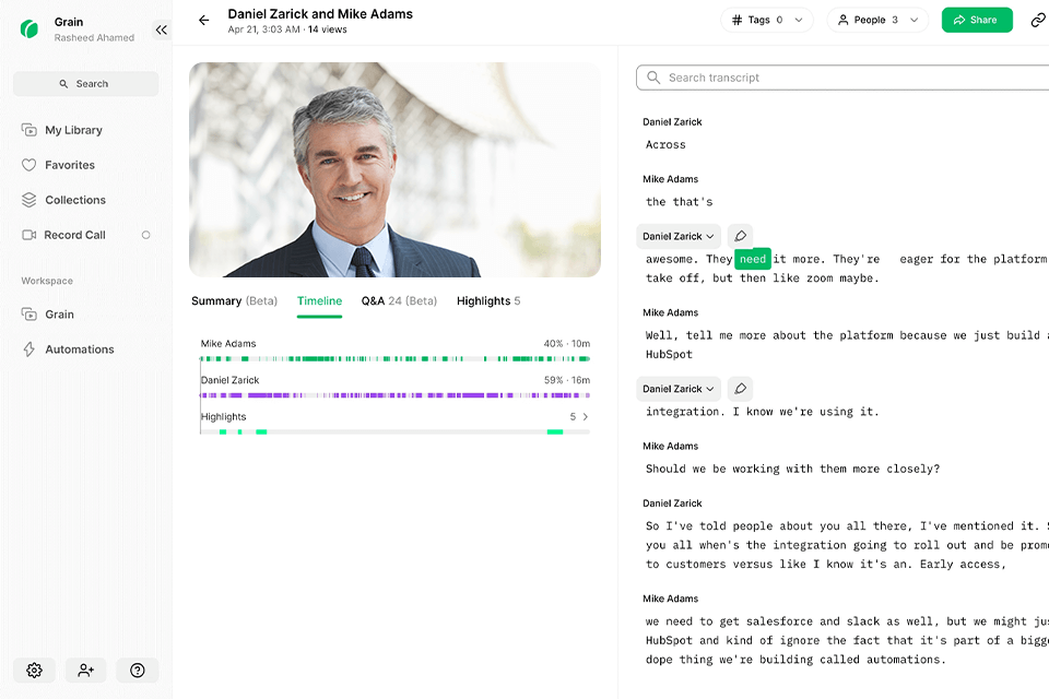 grain meeting management software interface