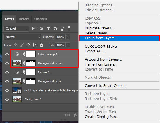 group from layers to turn day into night in photoshop