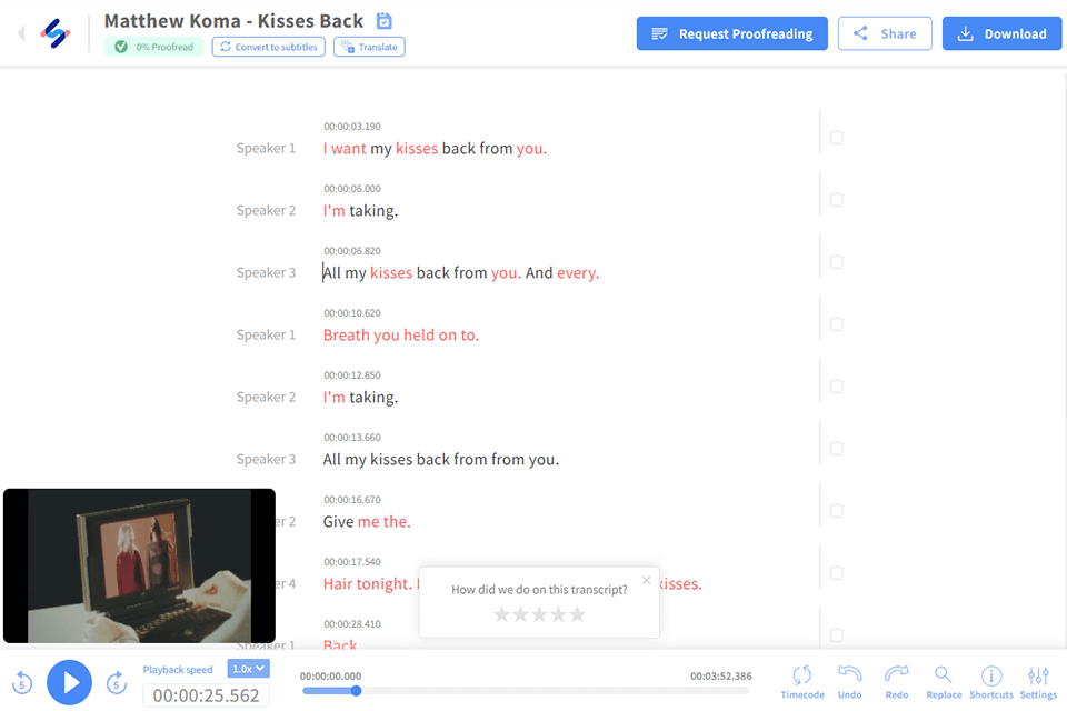 happyscribe youtube to text converter interface