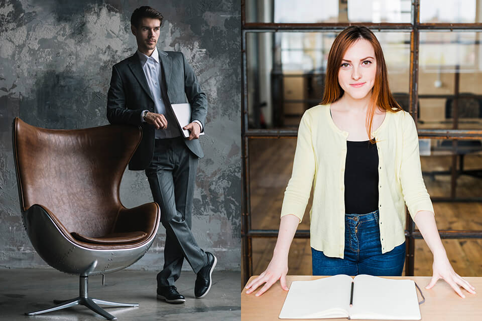 headshot poses stand behind the desk