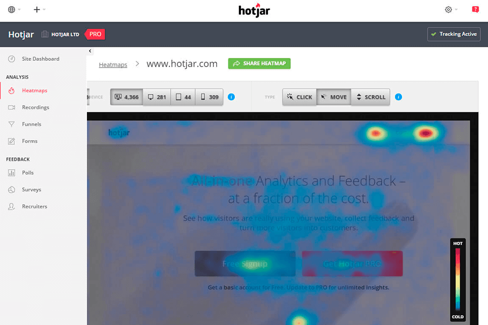 hotjar website heatmap tool interface